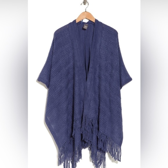 Vince Camuto Indigo Blue Textured Knit Kimono Topper Fringe Hem Boho Chic Wrap - Picture 3 of 13